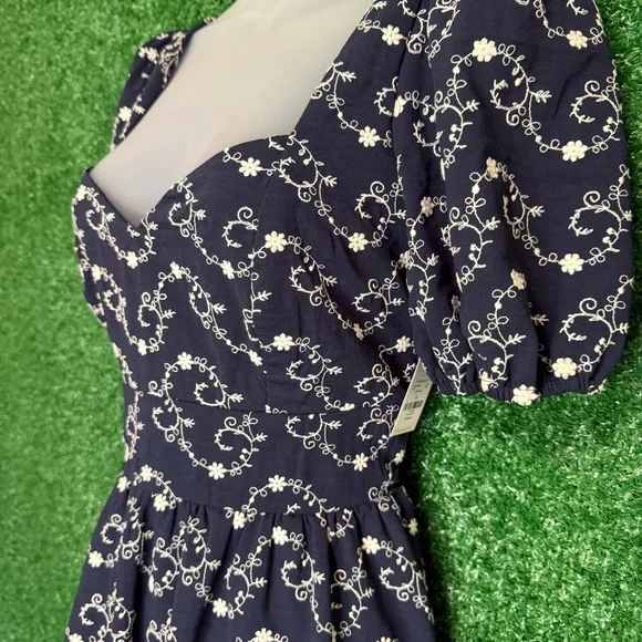 Francesca's Collection Gena Tie Back Embroidered Navy Puff Sleeve Mini Dress - Picture 5 of 16